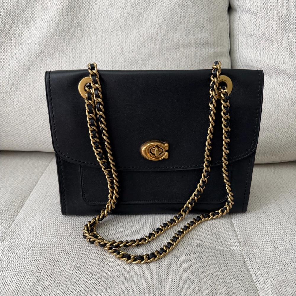 Coach Leather Flap Shoulder Bag with Adjustable Chain Strap